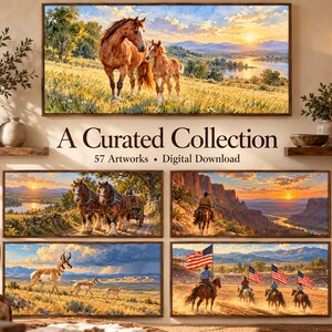 Puede incluir: Una colecci&oacute;n de descarga digital de 57 obras de arte con paisajes, caballos, vida silvestre y temas del oeste. Las im&aacute;genes muestran una yegua con su potro, carretas tiradas por caballos, atardeceres en ca&ntilde;ones, berrendos y jinetes con banderas.