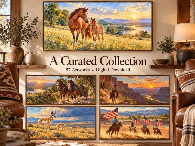 Puede incluir: Una colecci&oacute;n de descarga digital de 57 obras de arte con paisajes, caballos, vida silvestre y temas del oeste. Las im&aacute;genes muestran una yegua con su potro, carretas tiradas por caballos, atardeceres en ca&ntilde;ones, berrendos y jinetes con banderas.