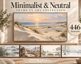 Puede incluir: Una colección digital de 446 obras de arte para televisor tipo marco, con una pantalla grande que muestra un atardecer en la playa con dunas de arena y hierba, junto a cuatro impresiones de paisajes más pequeñas que muestran una garza, arquitectura, un jardín y un bosque nevado.