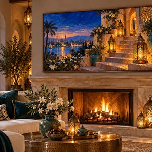 May include: A large rectangular wall-mounted television displaying a vibrant landscape painting of a Mediterranean coastal city at dusk, featuring illuminated lanterns on stone steps, white flowers, and a glowing sunset over the water.