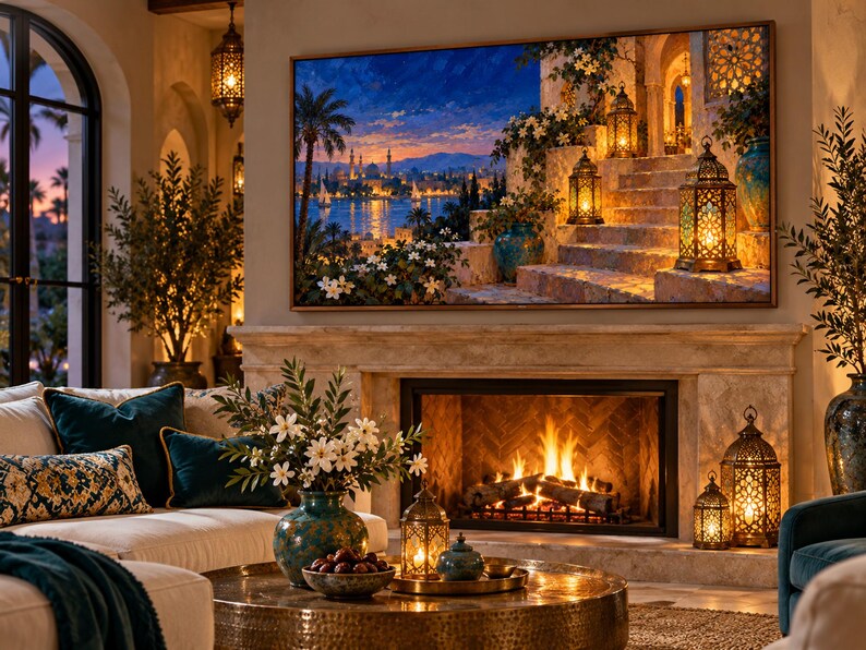 May include: A large rectangular wall-mounted television displaying a vibrant landscape painting of a Mediterranean coastal city at dusk, featuring illuminated lanterns on stone steps, white flowers, and a glowing sunset over the water.