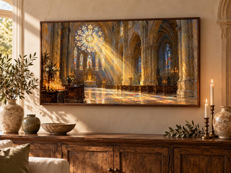 Puede incluir: Una impresi&oacute;n de arte mural rectangular que muestra una vista interior detallada de una catedral con un gran roset&oacute;n, columnas de piedra y rayos de luz dorados que caen sobre el suelo, enmarcada en un borde de madera oscura.