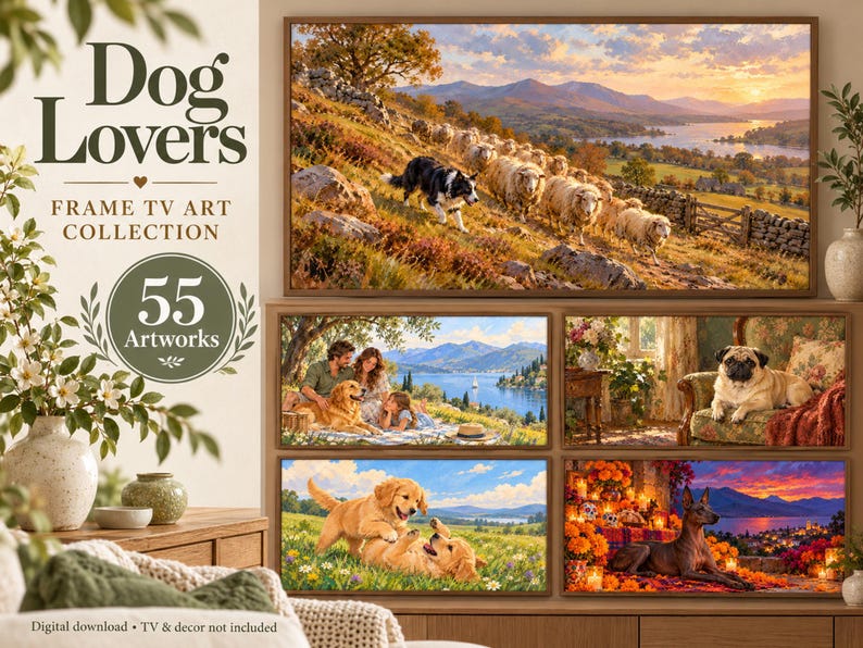 May include: A digital collection of 55 artworks titled Dog Lovers Frame TV Art Collection. The display features five distinct landscape paintings of dogs in various settings, including a border collie herding sheep and golden retrievers playing.