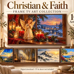 Puede incluir: Una colecci&oacute;n digital titulada Christian & Faith Frame TV Art Collection con 101 obras de arte. La imagen principal muestra un &aacute;ngel con alas junto a velas y un paisaje invernal. Cuatro paneles m&aacute;s peque&ntilde;os muestran un &aacute;ngel, una catedral, monta&ntilde;as y una villa.