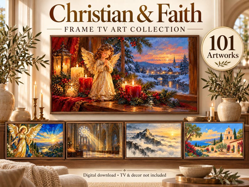 Puede incluir: Una colecci&oacute;n digital titulada Christian & Faith Frame TV Art Collection con 101 obras de arte. La imagen principal muestra un &aacute;ngel con alas junto a velas y un paisaje invernal. Cuatro paneles m&aacute;s peque&ntilde;os muestran un &aacute;ngel, una catedral, monta&ntilde;as y una villa.