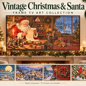 Pu&ograve; includere: Una collezione digitale intitolata Vintage Christmas & Santa Frame TV Art Collection con 100 opere d'arte. L'immagine principale mostra Babbo Natale che legge una lista in un laboratorio con giocattoli, un cane e una finestra innevata, pi&ugrave; quattro scene.