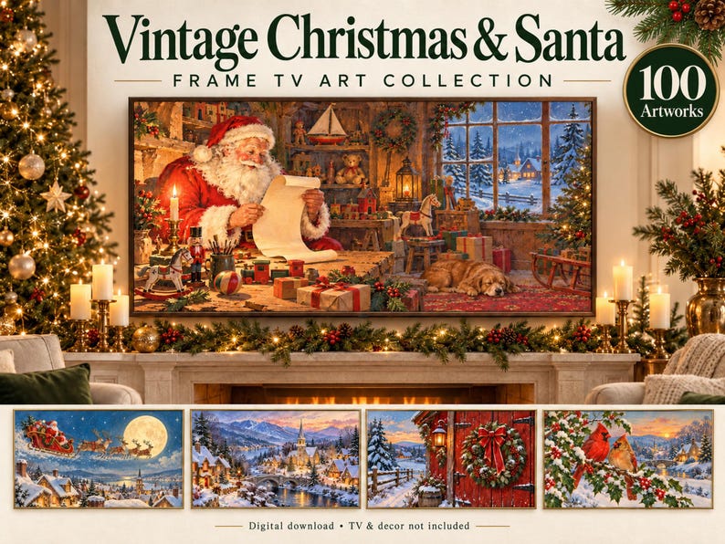 Pu&ograve; includere: Una collezione digitale intitolata Vintage Christmas & Santa Frame TV Art Collection con 100 opere d'arte. L'immagine principale mostra Babbo Natale che legge una lista in un laboratorio con giocattoli, un cane e una finestra innevata, pi&ugrave; quattro scene.
