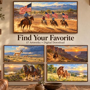 Puede incluir: Una colecci&oacute;n de cinco obras de arte paisaj&iacute;sticas enmarcadas con temas del Oeste, incluyendo jinetes con banderas estadounidenses, ant&iacute;lopes, un atardecer en un ca&ntilde;&oacute;n, una carreta y caballos, con el texto Find Your Favorite 57 Artworks.