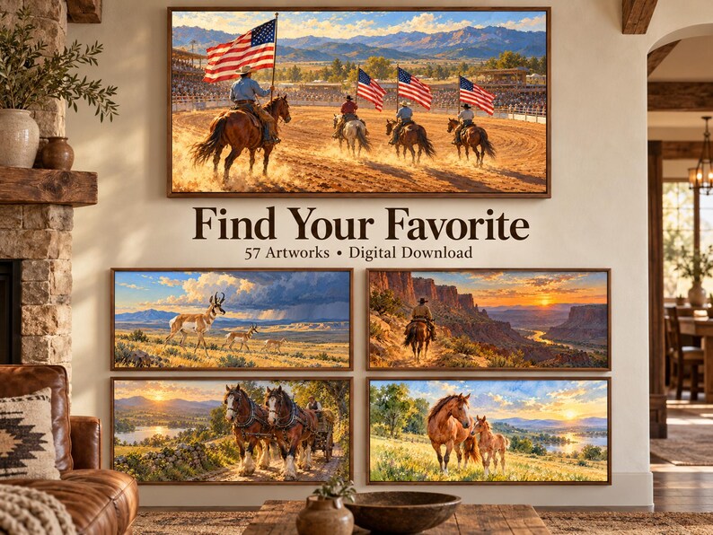Puede incluir: Una colecci&oacute;n de cinco obras de arte paisaj&iacute;sticas enmarcadas con temas del Oeste, incluyendo jinetes con banderas estadounidenses, ant&iacute;lopes, un atardecer en un ca&ntilde;&oacute;n, una carreta y caballos, con el texto Find Your Favorite 57 Artworks.