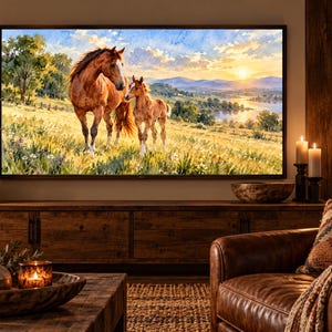 Puede incluir: Un televisor rectangular grande montado en la pared que muestra una pintura de paisaje de una yegua marr&oacute;n y su potro en un prado cubierto de hierba durante el atardecer, con colinas y un r&iacute;o visibles al fondo bajo un cielo brillante.