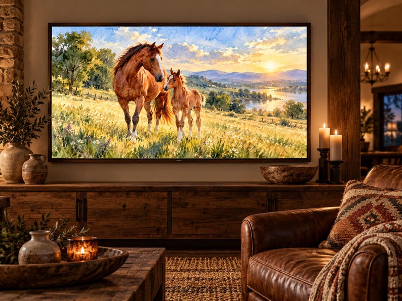Puede incluir: Un televisor rectangular grande montado en la pared que muestra una pintura de paisaje de una yegua marr&oacute;n y su potro en un prado cubierto de hierba durante el atardecer, con colinas y un r&iacute;o visibles al fondo bajo un cielo brillante.
