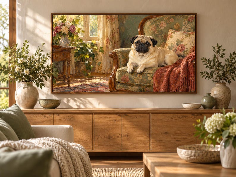 May include: A rectangular wall art print in a wooden frame depicting a fawn-colored pug resting on a floral patterned armchair. The scene includes a sunlit room with a wooden side table, a vase of flowers, and a draped rust-colored throw blanket.