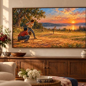 May include: A rectangular framed wall art print depicting a baseball game in progress at sunset. The scene features a batter, a catcher, and fielders on a dirt field with a vibrant orange and blue sky over a lake in the background.