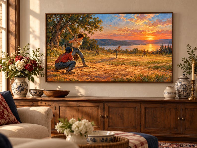 May include: A rectangular framed wall art print depicting a baseball game in progress at sunset. The scene features a batter, a catcher, and fielders on a dirt field with a vibrant orange and blue sky over a lake in the background.