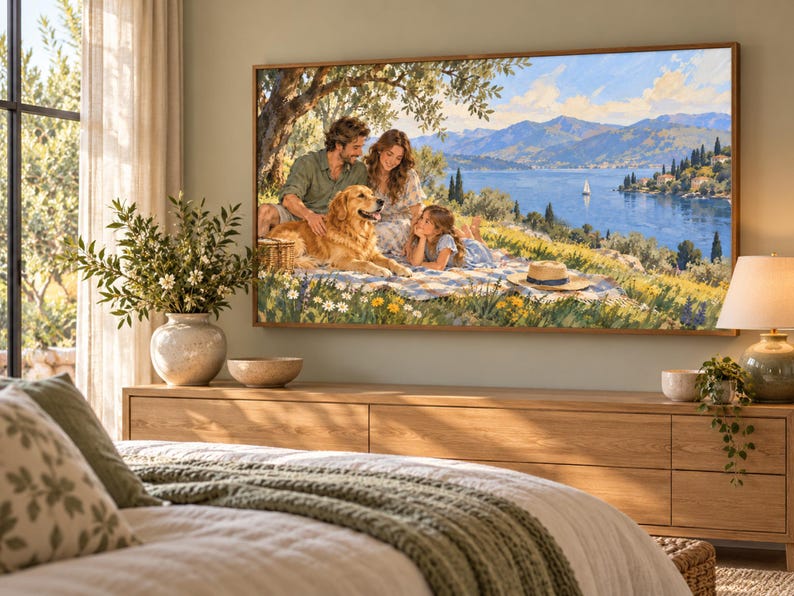 May include: A rectangular wall art print depicting a family of three and a golden retriever sitting on a picnic blanket under a tree. The scene features a scenic lake, distant mountains, and a sailboat under a bright blue sky with scattered clouds.