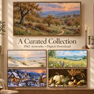 May include: A digital download collection of 1962 artworks featuring five landscape and still life scenes. The images include an orchard at sunset, a coastal beach, a wildflower meadow, a snowy village at night, and a harvest display with pumpkins.