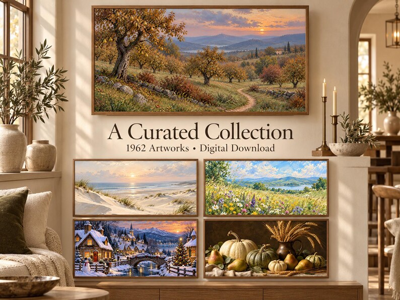 May include: A digital download collection of 1962 artworks featuring five landscape and still life scenes. The images include an orchard at sunset, a coastal beach, a wildflower meadow, a snowy village at night, and a harvest display with pumpkins.