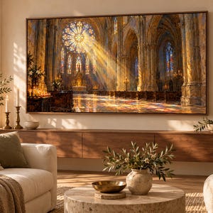 Puede incluir: Una gran impresi&oacute;n de arte mural rectangular enmarcada que representa el interior de una catedral g&oacute;tica con un roset&oacute;n prominente, columnas de piedra y luz solar dorada que crea reflejos coloridos en el suelo de la nave.