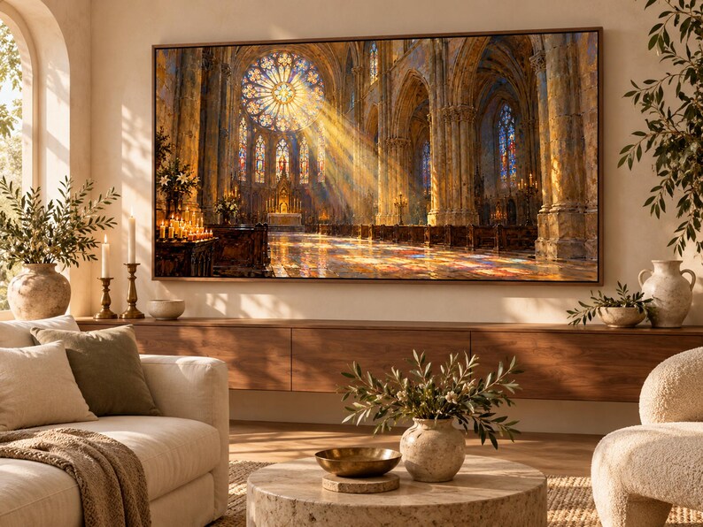 Puede incluir: Una gran impresi&oacute;n de arte mural rectangular enmarcada que representa el interior de una catedral g&oacute;tica con un roset&oacute;n prominente, columnas de piedra y luz solar dorada que crea reflejos coloridos en el suelo de la nave.