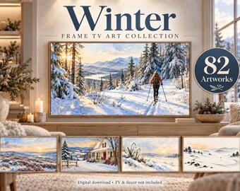 Puede incluir: Una colección digital de 82 obras de arte con temática invernal para televisor tipo marco. La pantalla muestra un paisaje nevado con una persona practicando esquí de fondo. Cuatro miniaturas rectangulares muestran escenas nevadas.