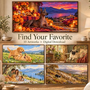 May include: A digital download collection of 55 artworks featuring various scenes including a Xoloitzcuintli dog at sunset, golden retriever puppies playing in a field, a pug on a chair, a family with a dog by a lake, and a sheep herd in a landscape.
