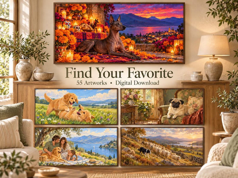 May include: A digital download collection of 55 artworks featuring various scenes including a Xoloitzcuintli dog at sunset, golden retriever puppies playing in a field, a pug on a chair, a family with a dog by a lake, and a sheep herd in a landscape.