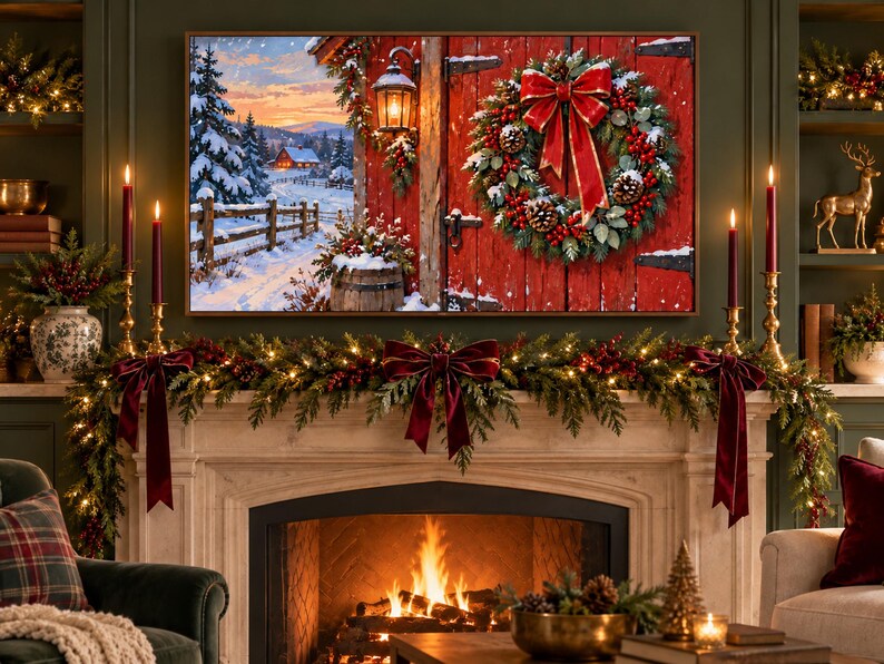 Pu&ograve; includere: Una stampa artistica rettangolare che raffigura un paesaggio invernale innevato con una porta di fienile rossa, una grande ghirlanda sempreverde con un fiocco rosso e una lanterna accesa sopra un camino decorato con verde.