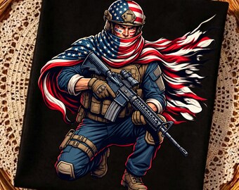 Soldado patriota PNG, diseño de héroe táctico con la bandera estadounidense (descarga digital)