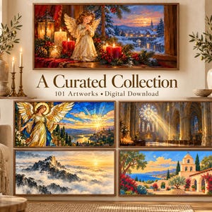 Puede incluir: Una colecci&oacute;n digital de 101 obras de arte que presenta diversas escenas, incluyendo un &aacute;ngel rezando con velas, un &aacute;ngel de vidrieras, el interior de una catedral iluminada por el sol, una cordillera sobre las nubes y un patio mediterr&aacute;neo con flores.