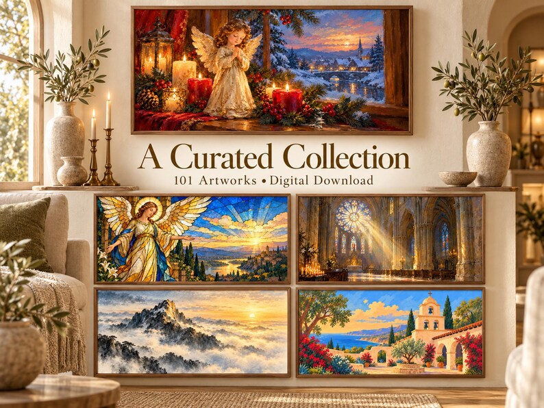Puede incluir: Una colecci&oacute;n digital de 101 obras de arte que presenta diversas escenas, incluyendo un &aacute;ngel rezando con velas, un &aacute;ngel de vidrieras, el interior de una catedral iluminada por el sol, una cordillera sobre las nubes y un patio mediterr&aacute;neo con flores.