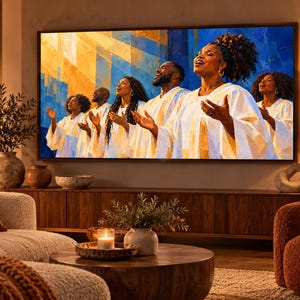 May include: A large flat-screen television mounted on a wall displays a vibrant painting of a choir of five people wearing white robes with their hands raised in song against a background of bold blue and yellow abstract brushstrokes.
