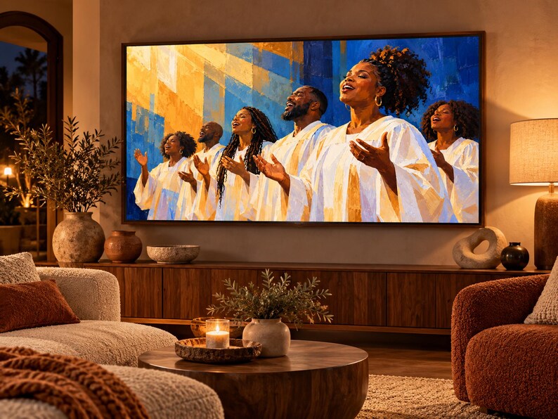 May include: A large flat-screen television mounted on a wall displays a vibrant painting of a choir of five people wearing white robes with their hands raised in song against a background of bold blue and yellow abstract brushstrokes.