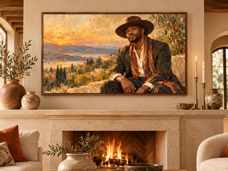 May include: A rectangular framed wall art print featuring an oil painting of a person wearing a wide-brimmed hat, a dark jacket, and a colorful scarf. The subject is positioned against a landscape background with a sunset sky, rolling hills, and trees.