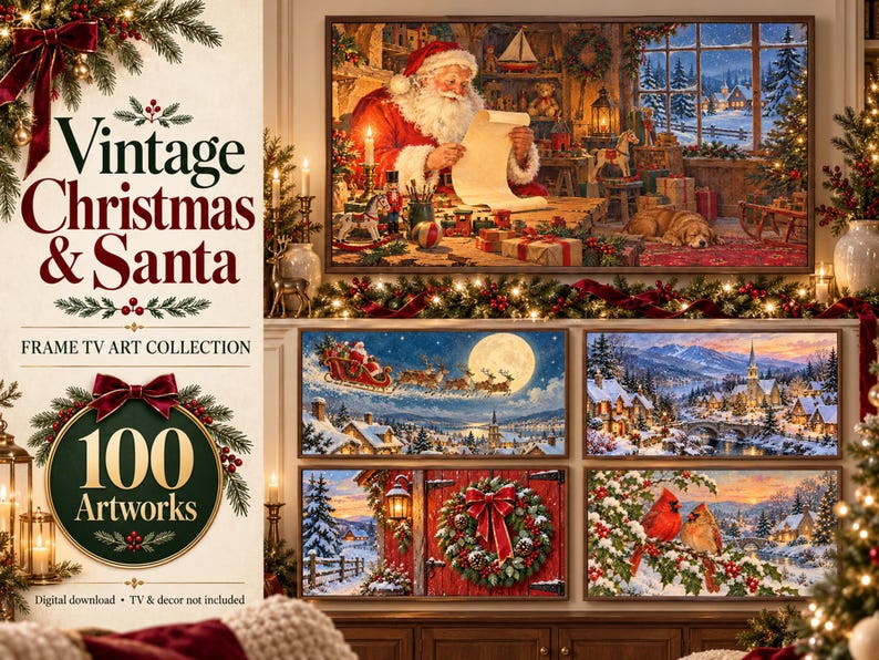 Pu&ograve; includere: Una collezione digitale di 100 opere d'arte natalizie per TV Frame, con scene di Babbo Natale che legge una lista, una slitta che vola davanti alla luna piena, paesaggi innevati, una porta rossa con ghirlanda e due cardinali su un ramo.