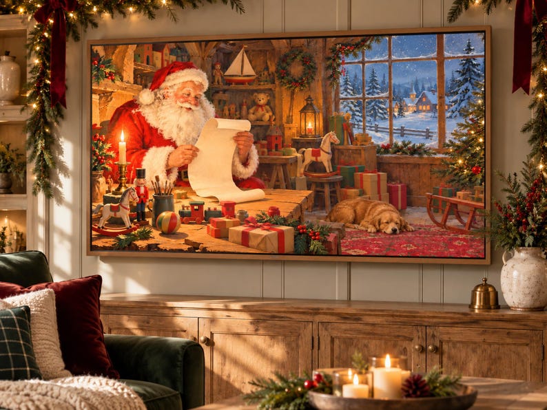 Pu&ograve; includere: Una stampa artistica da parete incorniciata che raffigura Babbo Natale in un laboratorio mentre legge una lunga pergamena. La scena include giocattoli, un cane che dorme su un tappeto e un paesaggio innevato visibile attraverso una finestra.