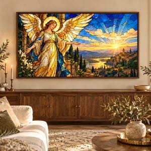 Puede incluir: Una pieza de arte mural rectangular que presenta una ilustraci&oacute;n estilo vidriera de un &aacute;ngel con grandes alas doradas, frente a un paisaje de atardecer sobre un r&iacute;o y un pueblo en la ladera, enmarcada en un borde de madera oscura.