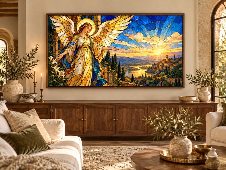 Puede incluir: Una pieza de arte mural rectangular que presenta una ilustraci&oacute;n estilo vidriera de un &aacute;ngel con grandes alas doradas, frente a un paisaje de atardecer sobre un r&iacute;o y un pueblo en la ladera, enmarcada en un borde de madera oscura.