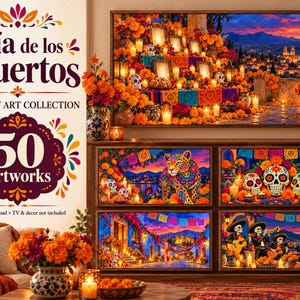 Dia de los Muertos フレーム TV アート バンドル、サムスン フレーム TV 用 50 日の死者のデザイン、カラベラ & マリーゴールド アート、オフレンダ装飾、4K 画像 15