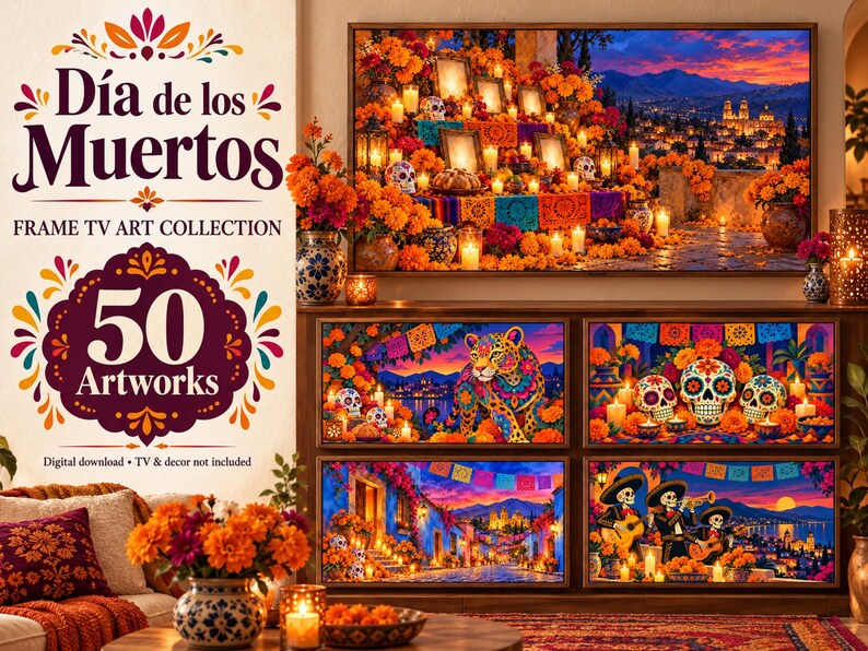 Dia de los Muertos フレーム TV アート バンドル、サムスン フレーム TV 用 50 日の死者のデザイン、カラベラ & マリーゴールド アート、オフレンダ装飾、4K 画像 15