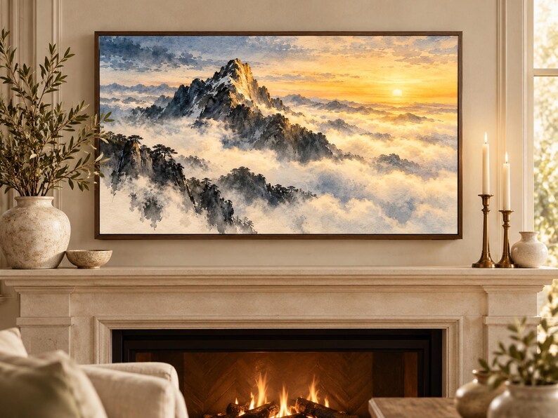 Puede incluir: Un cuadro rectangular de pared con un paisaje estilo acuarela de un pico monta&ntilde;oso nevado que se eleva sobre una densa capa de nubes al atardecer, con luz dorada iluminando el cielo y formaciones rocosas oscuras y escarpadas visibles.