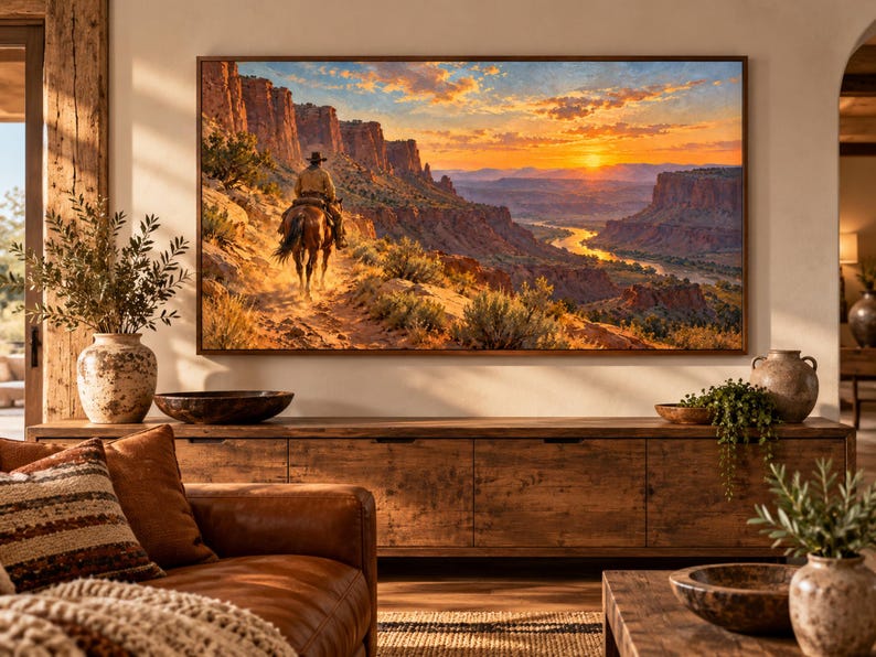 Puede incluir: Un cuadro rectangular de pared con un paisaje de un jinete solitario a caballo por un sendero des&eacute;rtico polvoriento. La escena muestra imponentes acantilados de roca roja, un r&iacute;o serpenteante y una puesta de sol vibrante con tonos naranjas.