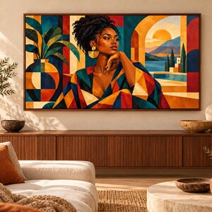 May include: A rectangular wall art print featuring a stylized portrait of a person with dark hair in an updo, wearing large gold earrings. The composition includes geometric shapes, a potted plant, and a coastal landscape with a sun and sea.