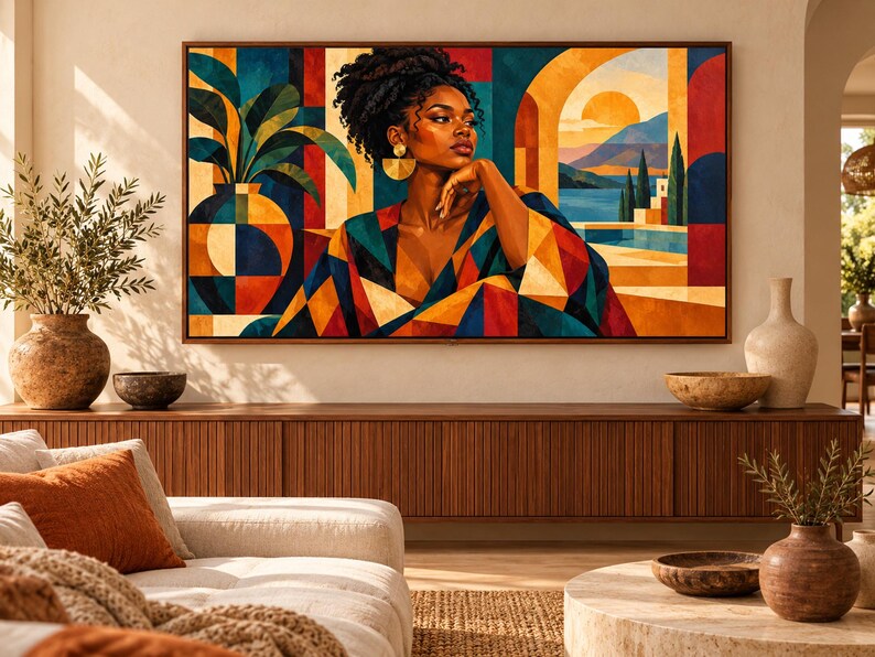 May include: A rectangular wall art print featuring a stylized portrait of a person with dark hair in an updo, wearing large gold earrings. The composition includes geometric shapes, a potted plant, and a coastal landscape with a sun and sea.