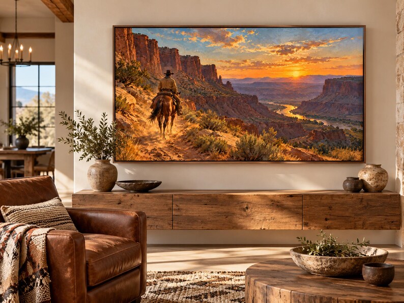Puede incluir: Un televisor rectangular grande montado en la pared que muestra una pintura de paisaje vibrante de un vaquero a caballo cabalgando a trav&eacute;s de un ca&ntilde;&oacute;n des&eacute;rtico al atardecer, con tonos c&aacute;lidos naranjas, rojos y dorados en el cielo y rocas.