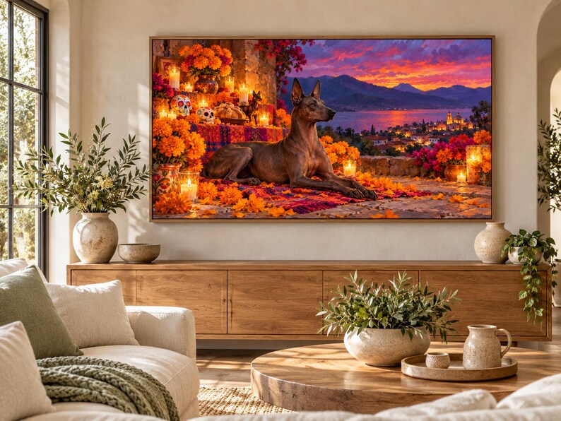 May include: A rectangular wall art print featuring a Xoloitzcuintli dog resting on a colorful blanket surrounded by bright orange marigold flowers, lit candles, and sugar skulls, with a sunset landscape of a lake and town in the background.