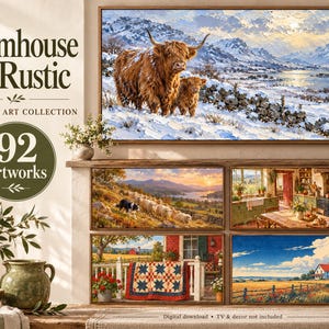 Puede incluir: Una colecci&oacute;n digital de 92 obras de arte titulada Farmhouse & Rustic Frame TV Art Collection. La pantalla muestra una gran pintura de paisaje de ganado de las tierras altas en un entorno de monta&ntilde;a nevado, junto a escenas m&aacute;s peque&ntilde;as de ovejas, una cocina, una colcha y un campo.