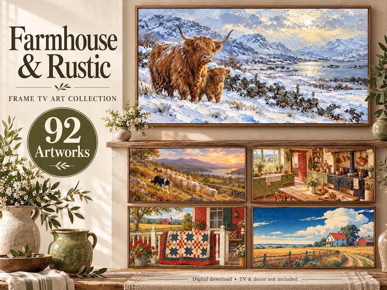 Puede incluir: Una colecci&oacute;n digital de 92 obras de arte titulada Farmhouse & Rustic Frame TV Art Collection. La pantalla muestra una gran pintura de paisaje de ganado de las tierras altas en un entorno de monta&ntilde;a nevado, junto a escenas m&aacute;s peque&ntilde;as de ovejas, una cocina, una colcha y un campo.
