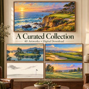 Puede incluir: Una colecci&oacute;n digital de 40 obras de arte con pinturas de paisajes de campos de golf al atardecer, acantilados costeros y lagos serenos. El texto A Curated Collection 40 Artworks Digital Download aparece en letras negras en la pared.