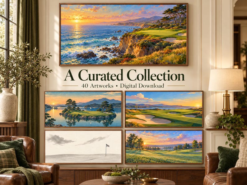 Puede incluir: Una colecci&oacute;n digital de 40 obras de arte con pinturas de paisajes de campos de golf al atardecer, acantilados costeros y lagos serenos. El texto A Curated Collection 40 Artworks Digital Download aparece en letras negras en la pared.