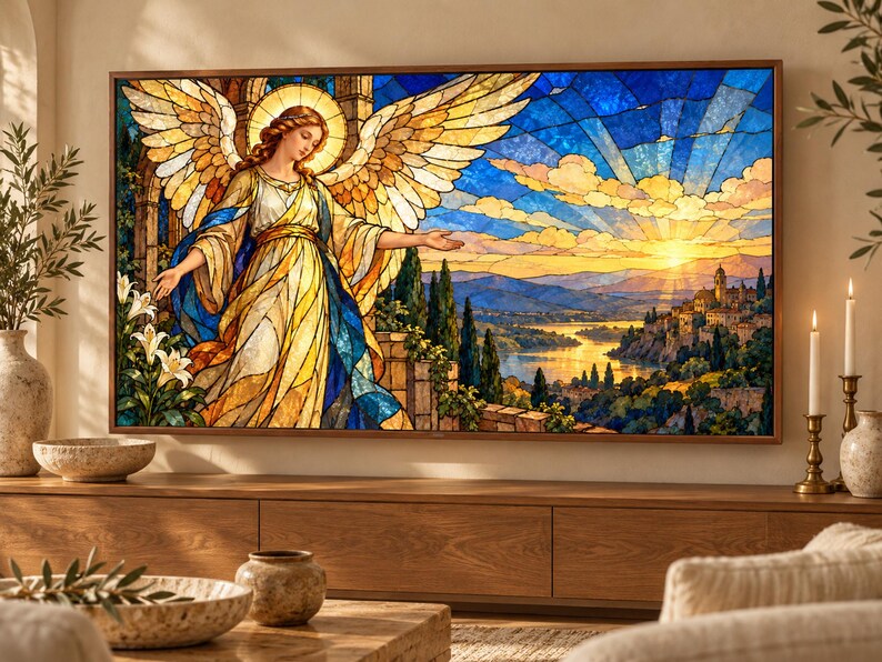 Puede incluir: Una pieza de arte mural rectangular que presenta una ilustraci&oacute;n estilo vitral de un &aacute;ngel con grandes alas doradas y un halo. El &aacute;ngel se encuentra frente a un paisaje con un amanecer, un r&iacute;o y un pueblo en la colina, en tonos azules y dorados.